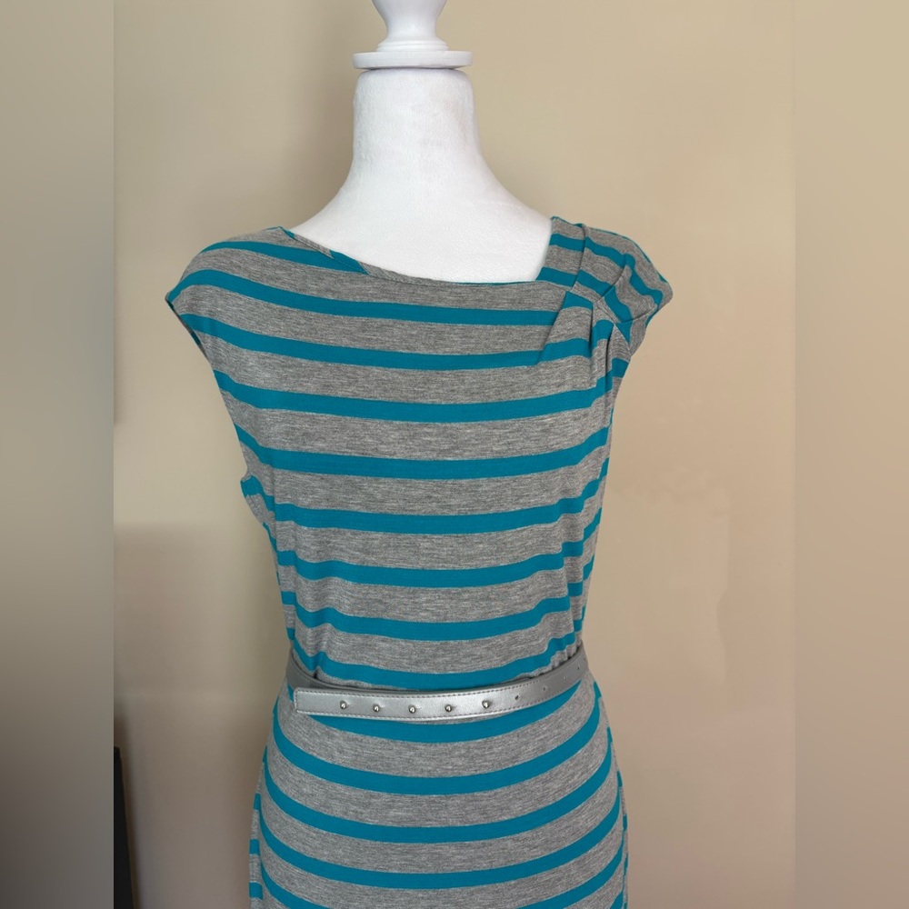 Calvin Klein Gray and Teal Striped Dress